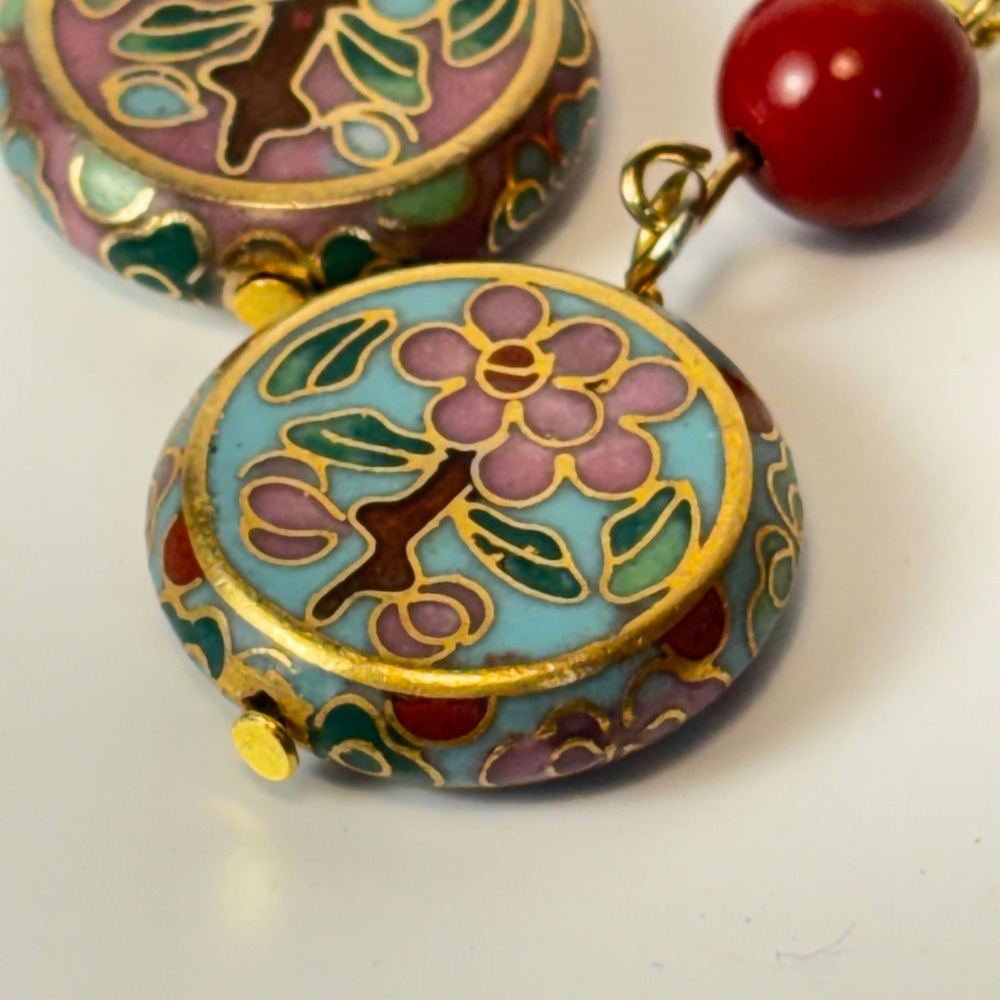 Vintage Cloisonne Drop Earrings Red Blue Floral Boho Cottagecore Whimsygoth